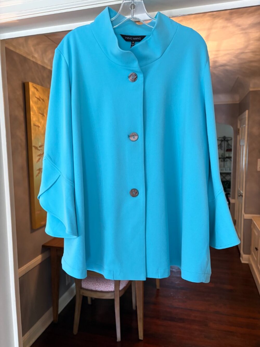 NWT Ming Wang Deco Crepe Woven Stand Collar Bell Sleeve Jacket in Aqua. Size 1X